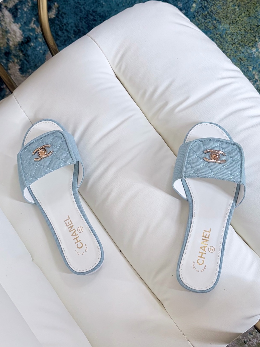 CHANEL Powder Blue Quilted Slide Mules with Gold CC Emblem - Size 38 - Picture 4 of 6